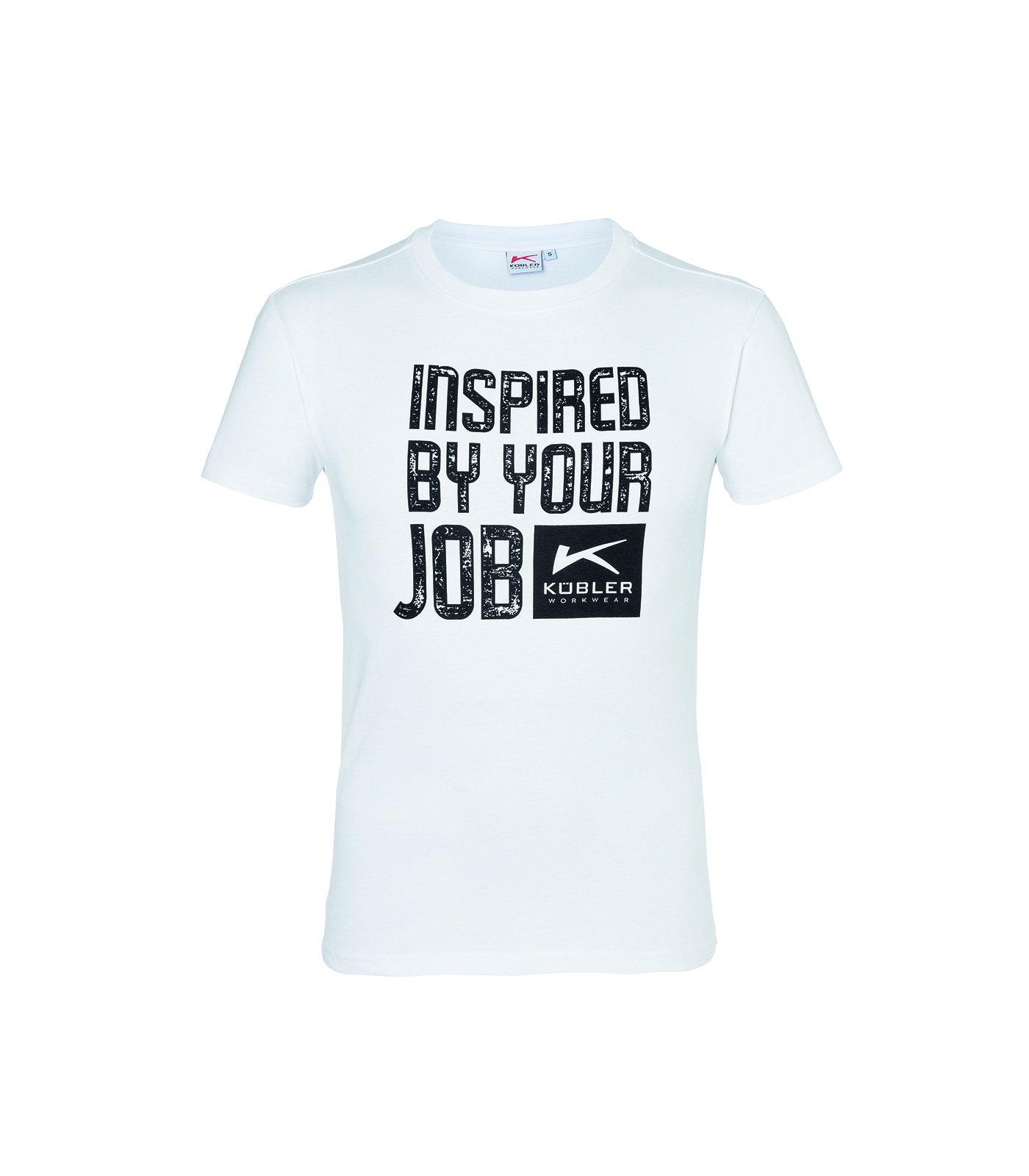 KÜBLER SHIRTS T-Shirt PRINT in weiß, weißes Kurzarmshirt mit schwarzem Frontprint und Rundhalsausschnitt mit Halsbündchen und Nackenband, Doppelnaht an Arm- und Saumabschluss